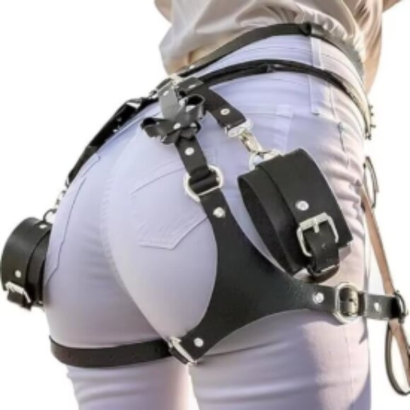 Black Leather Waist Harness Belt with Detachable Wrist Cuffs